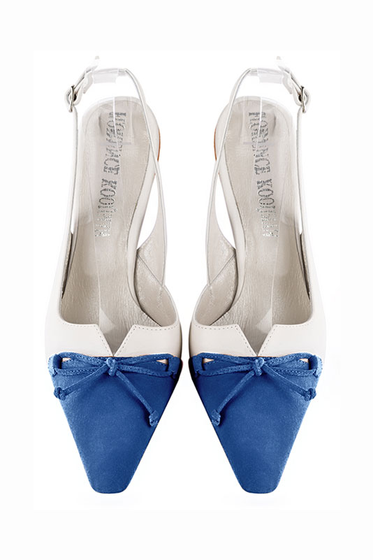 Electric blue and pure white women's open back shoes, with a knot. Tapered toe. High slim heel. Top view - Florence KOOIJMAN